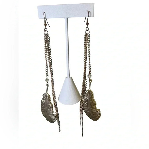 NWT 5.5” Dangle Drop Feather Two-tones Gold Earrings Long Boho Festival - Picture 2 of 6
